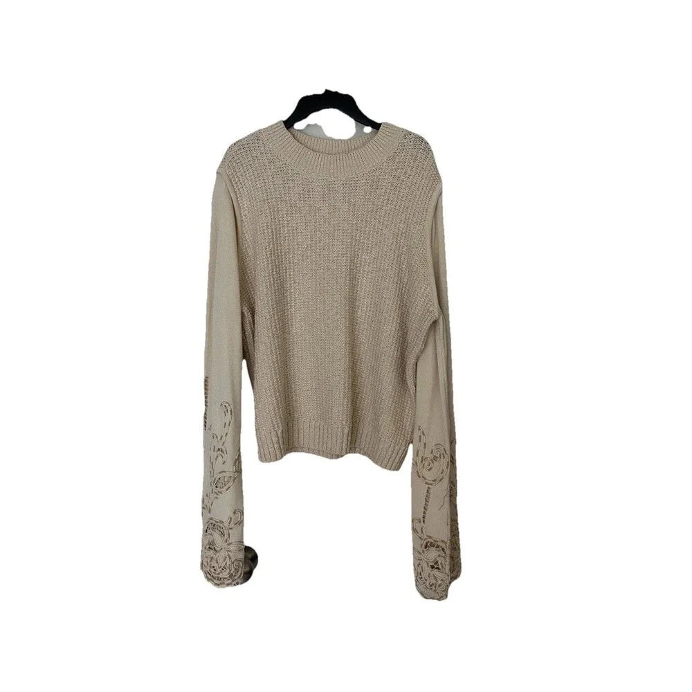 Anthropologie Textured Eyelet Twofer Sweater Vest Top Embroidered Beige Sz XL - Picture 2 of 11